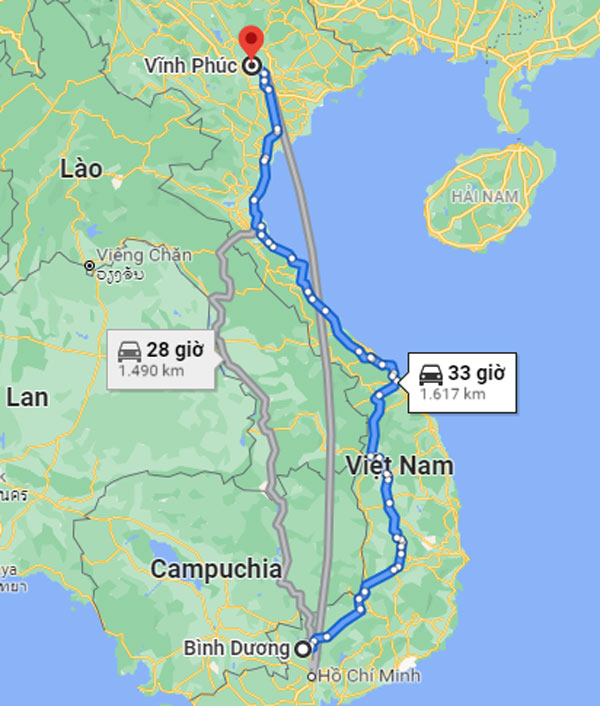 Khoảng cách từ Bình Dương đến Vĩnh Phúc khoảng 1600km